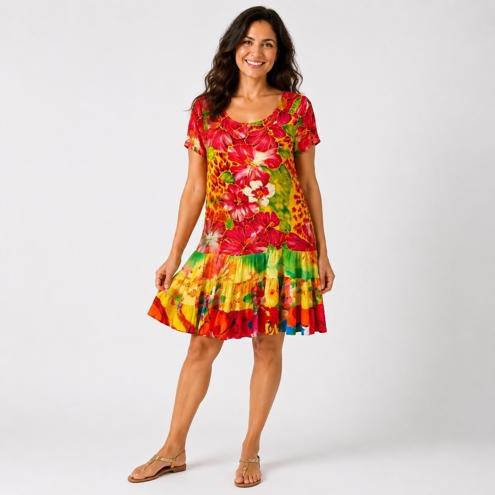 Jams World Red, Yellow & Green Floral Short Sleeve Tiered Dress